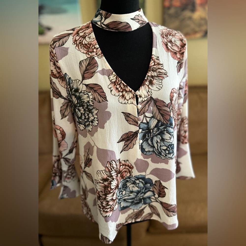 Choker V-Neck Floral Blouse in Blush and Blue